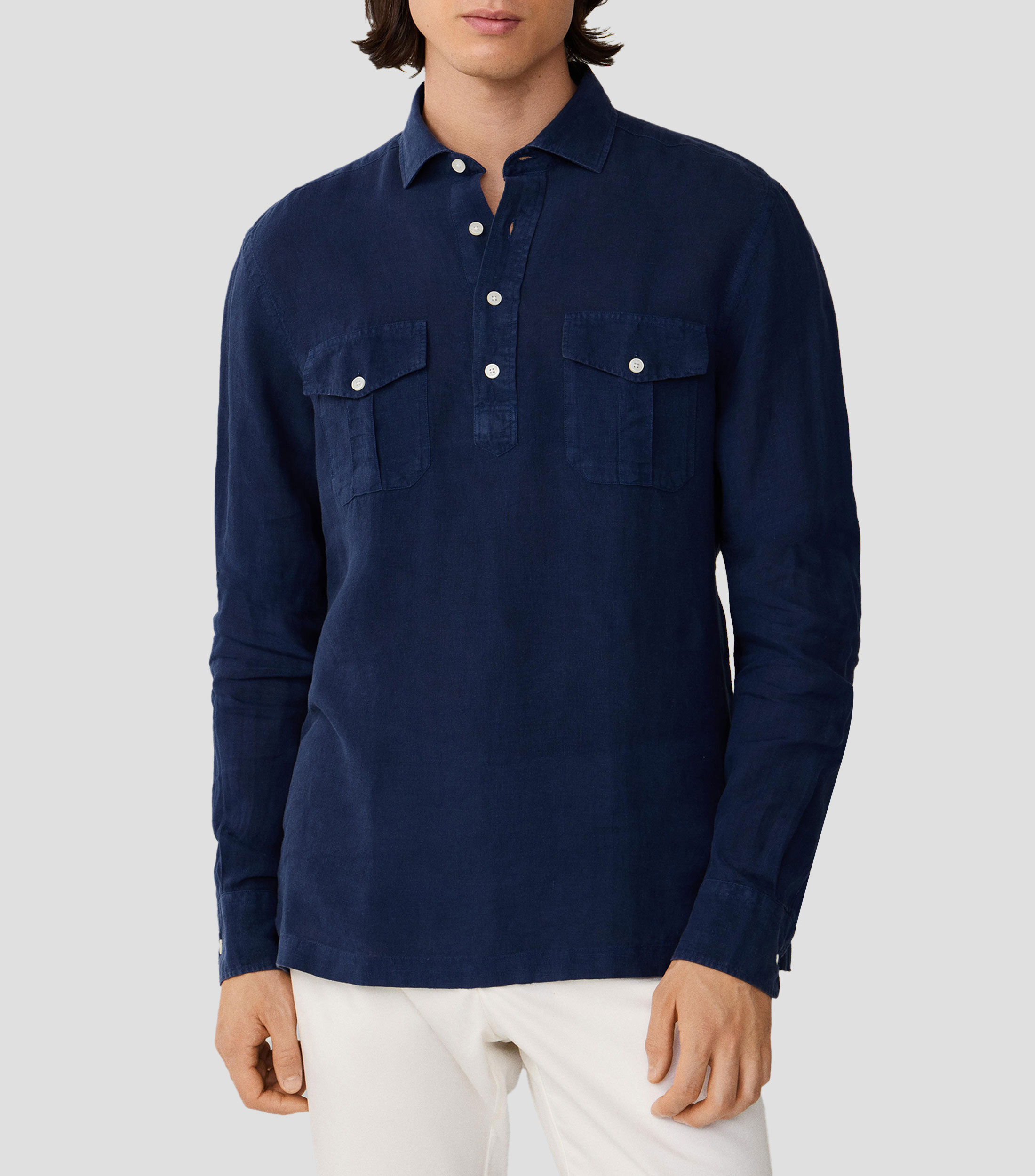 Camisa lisa de lino con manga larga Hombre